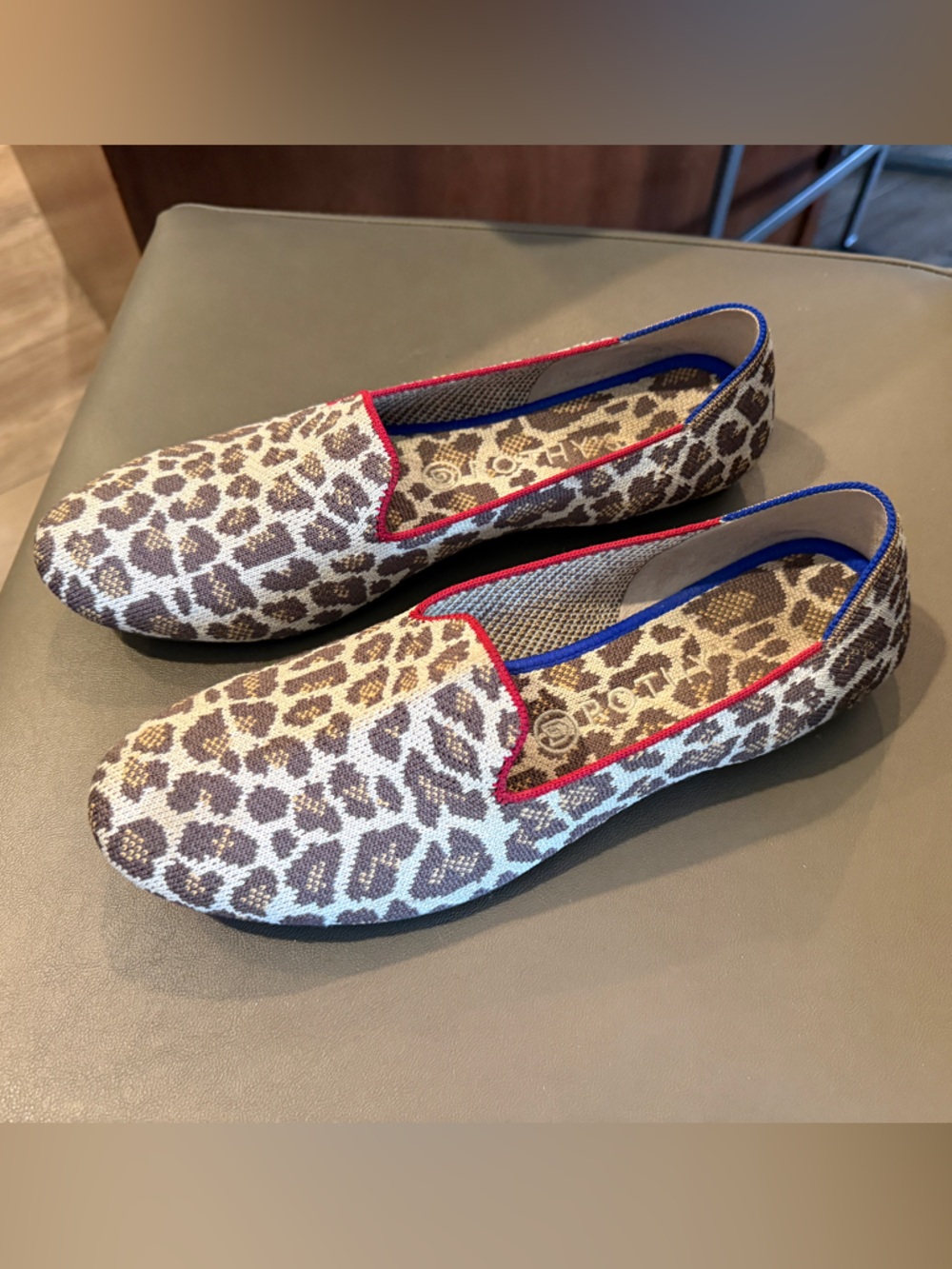 Rothy's Leopard Print Slip-On Loafer Mocha Spot with Red & Blue Trim
